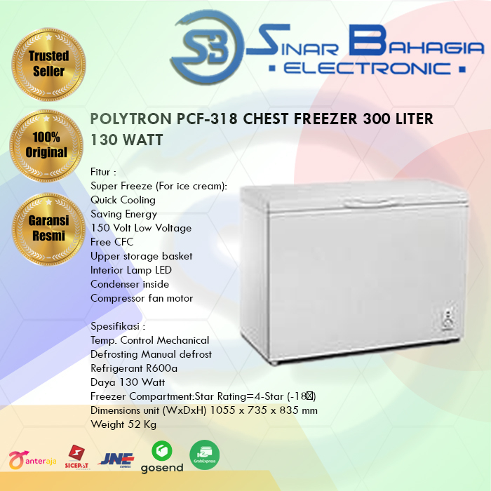 POLYTRON PCF-318 CHEST FREEZER 300 LITER 130 WATT (NEW)(KHUSUS BANDUNG)