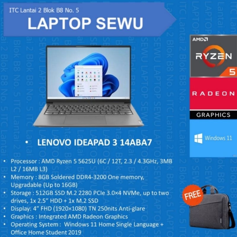 LENOVO IDEAPAD 3 14ABA7 AMD RYZEN 5 5625U 8GB SSD 512GB AMD RADEON WIN 11 BARU