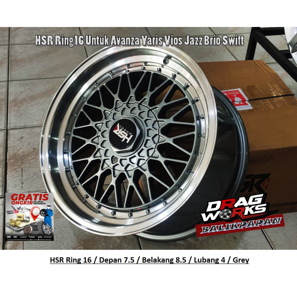 Velg Mobil Racing Ring 16 Pelek HSR Celong R16 Lebar Depan 7.5 / Belakang 8.5 Lubang 4 Grey Machine 