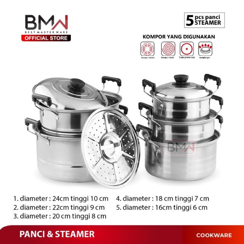 Panci BMW Kitchen Ware - 1 Set 5 Pcs Panci Soup Pot Steamer Stainless Steel lengkap termurah presto 