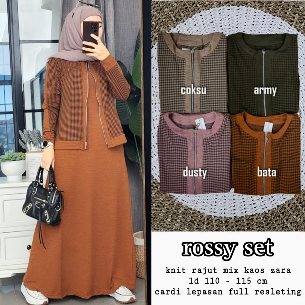 W&W Rossy Set Outer Dress Gamis Knit Rajut Kaos Cardi Rummy