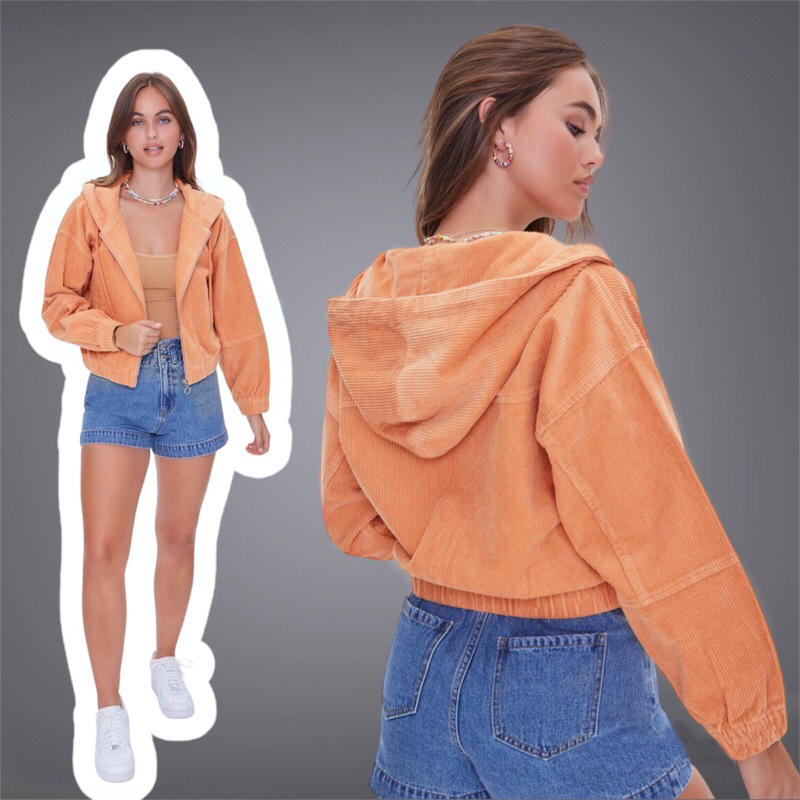 Coral | Jaket Wanita Vintage Jacket Corduroy Hight Waist Cropped Hooded Top | Jaket Korduroi Hoodie 