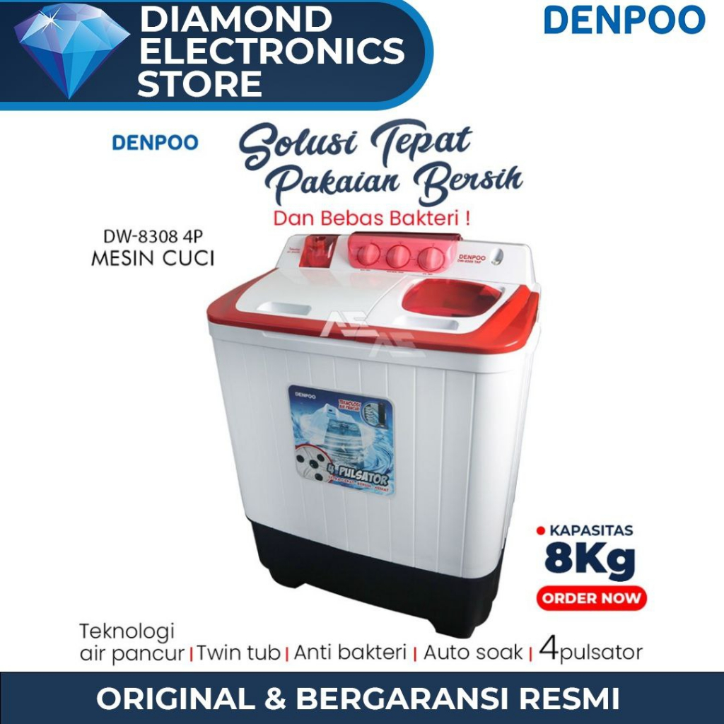 MESIN CUCI 2 TABUNG DENPOO DW 8308 4 PULSATOR - ADA PENUTUP KNOP TOMBOL - KAPASITAS 8KG