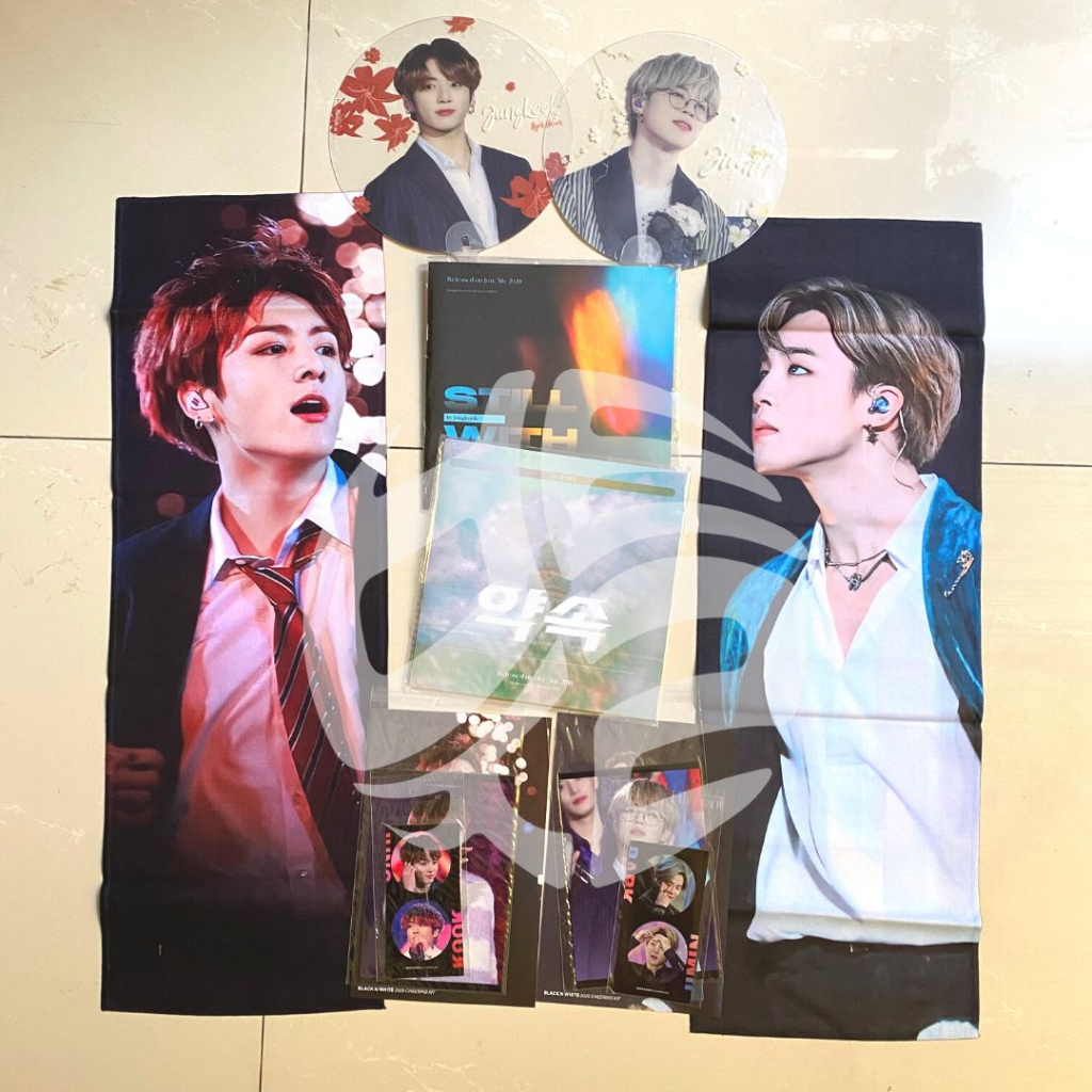 [Ready] BTS Cheering Kit Slogan Jimin Jungkook Black and White Fansite Fabric Glitter Full Set New