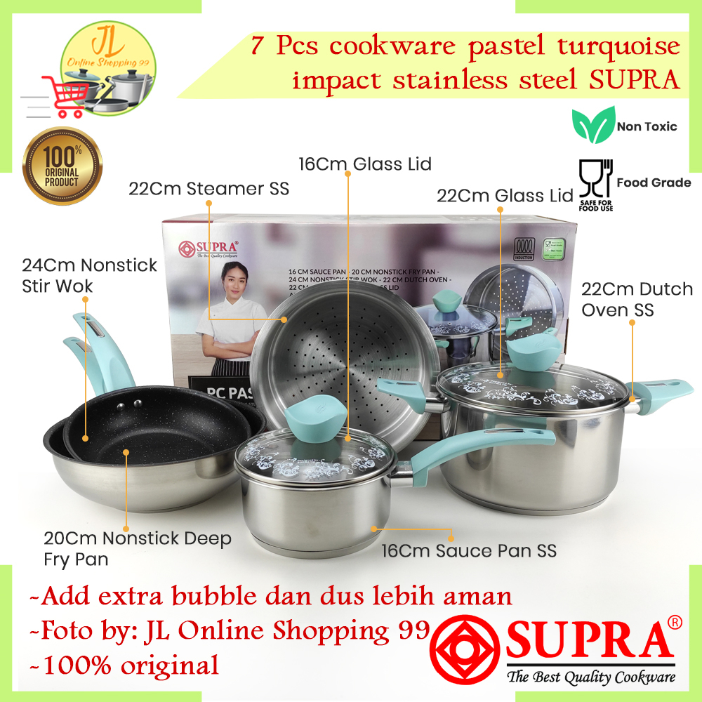 Panci set 7pcs cookware set stainless impact pastel Turquoise SUPRA / Wajan set induksi