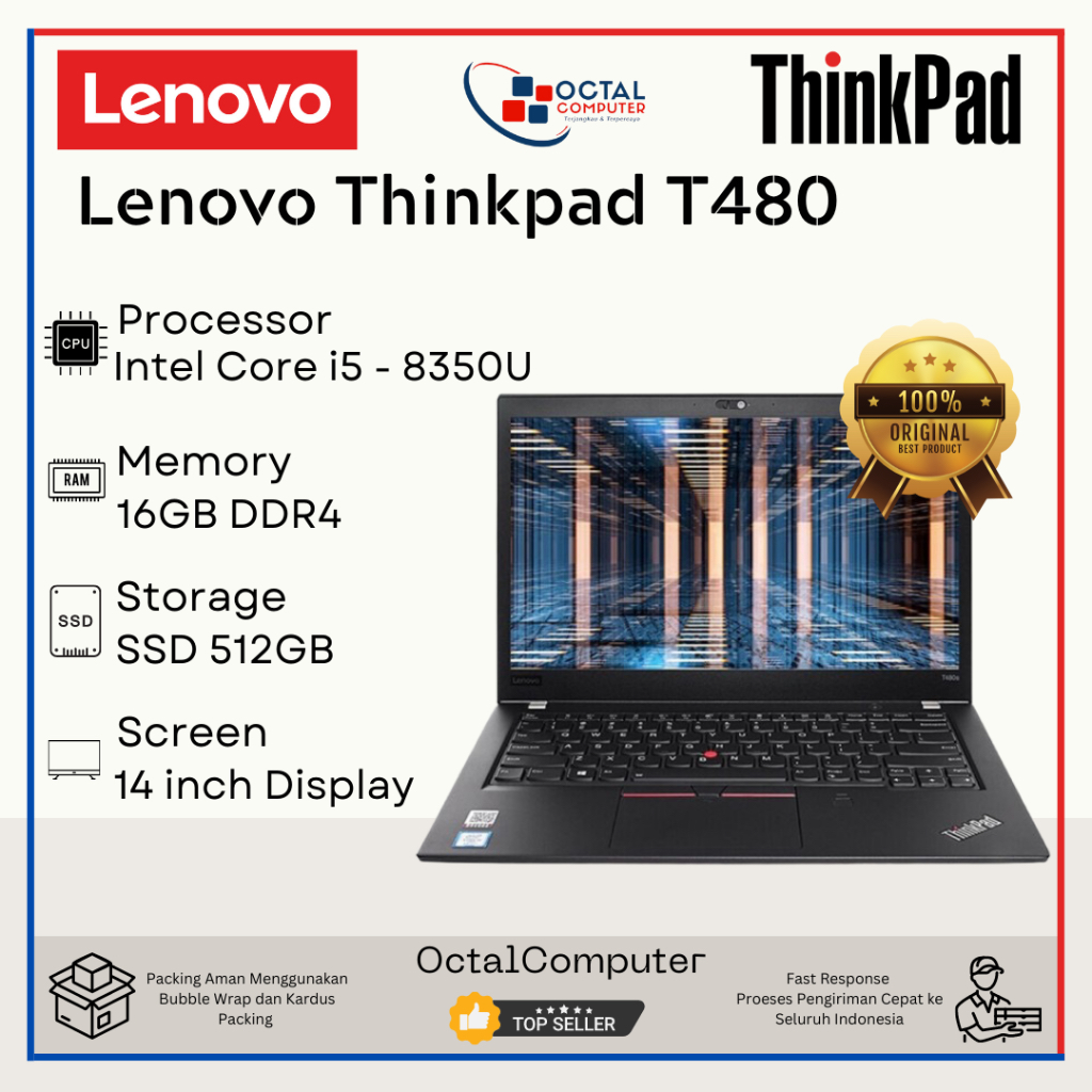 Laptop Lenovo Thinkpad T480s T480 Core i5 Gen 8 Ram 32GB SSD 1TB  - Second Murah Bergaransi