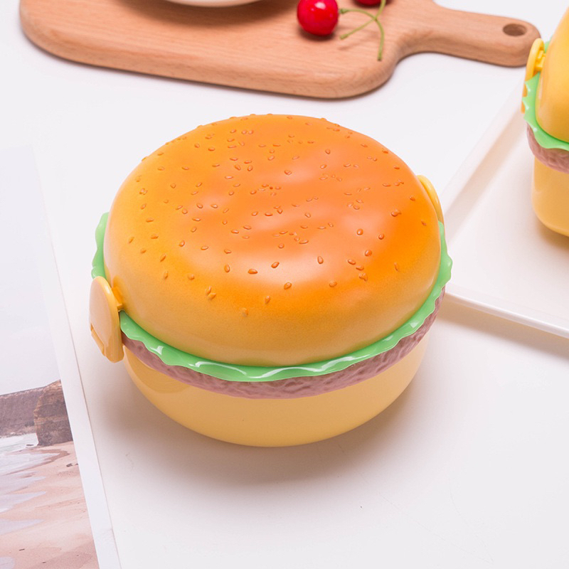 Tempat Bekal Hamburger / Lunch Box Hamburger Makan Unik Sendok Garpu Kotak Makan Anak
