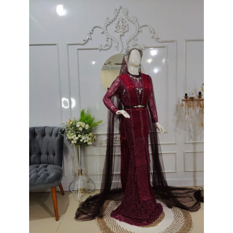 gaun pengantin slim maroon burgundy mewah