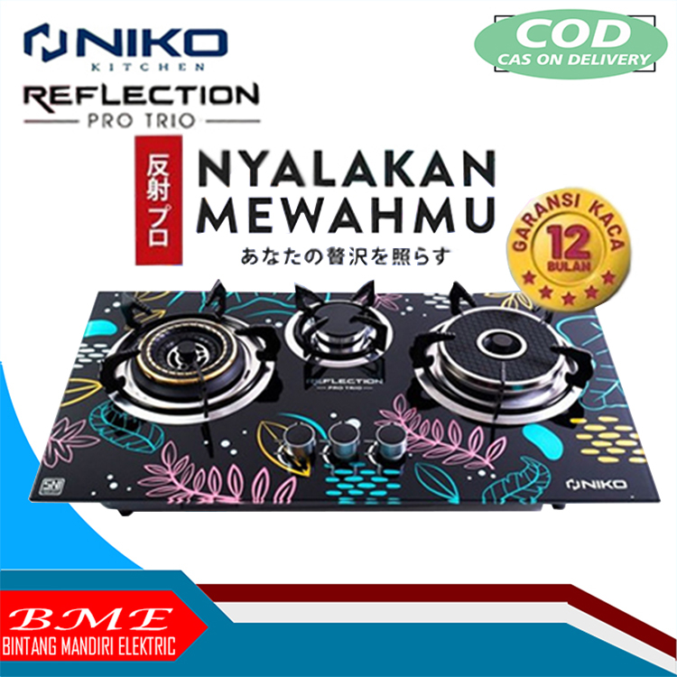NIKO REFLECTION PRO TRIO KOMPOR GAS TANAM KACA 3 TUNGKU TEMPERED GLASS - BISA TANAM & MEJA