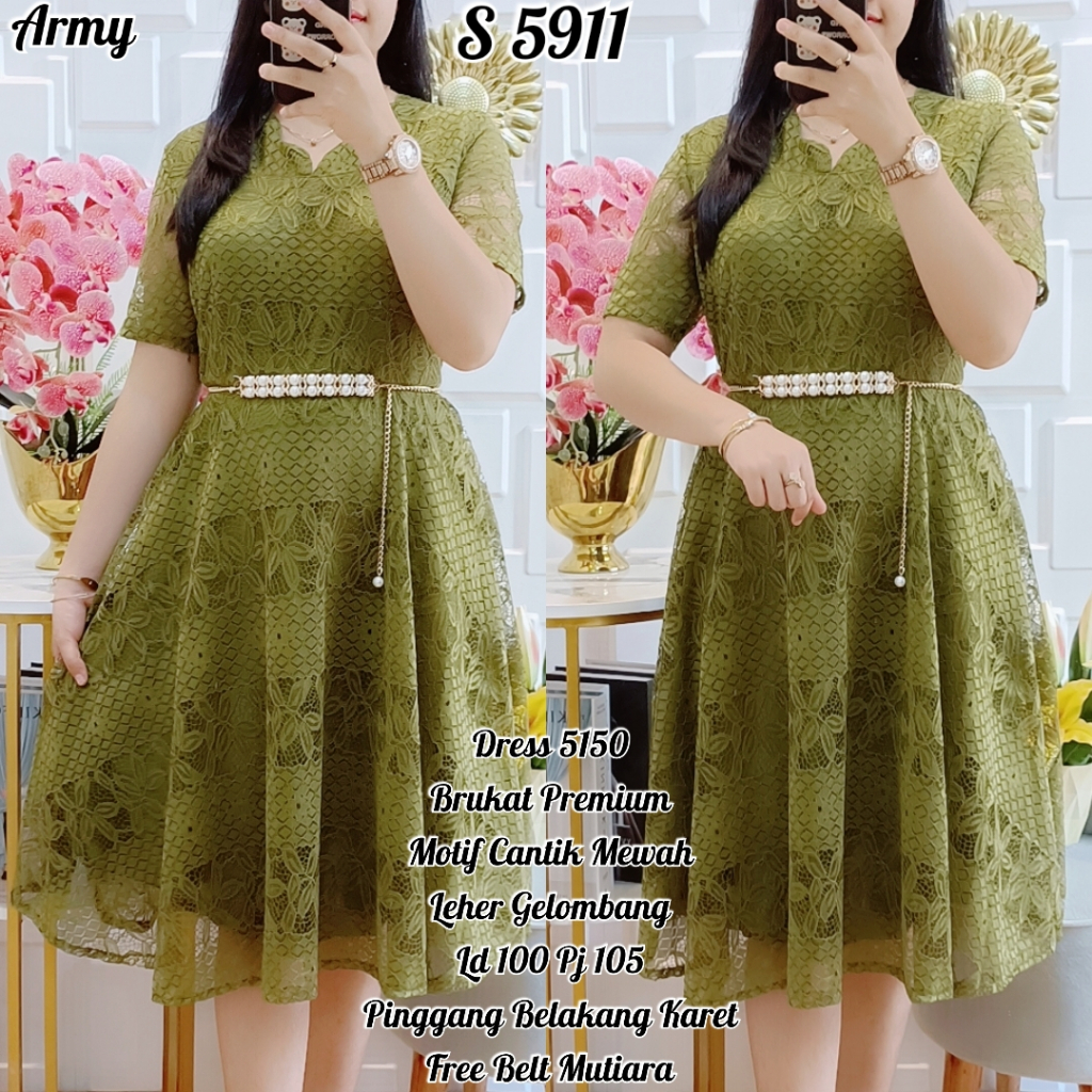 5911# Dress Bahan Brukat Leher Gelombang +Free Belt Premium