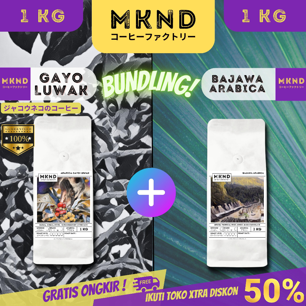 

MKND® BUNDLING HEMAT 2X1KG KOPI ARABIKA ACEH GAYO LUWAK LIAR + KOPI ARABIKA BAJAWA GRADE 1 SINGLE ORIGIN PROMO DISCON | BIJI BUBUK | SINGLE ORIGIN | PREMIUM COFFE | ROASTED BEANS | MANUAL BREW | COFFE ROASTERY