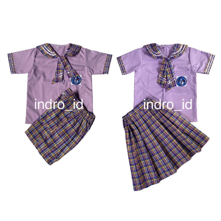 SERAGAM TK PAUD UNGU KOTAK KOTAK DASI 2 PENDEK putra L