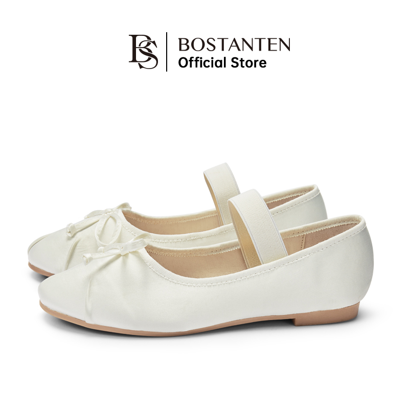 BOSTANTEN Sepatu Wanita Karet Elastis Ujung Bulat Desain Kasual Nyaman Elegan Warna Pink dan Putih 36-40