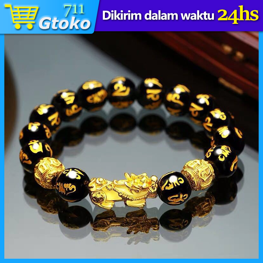 Gelang Pixiu Keberuntungan Obsidian Gelang Tali Pixiu Pria Wanita Gelang Manik-Manik Pixiu Couple Pa