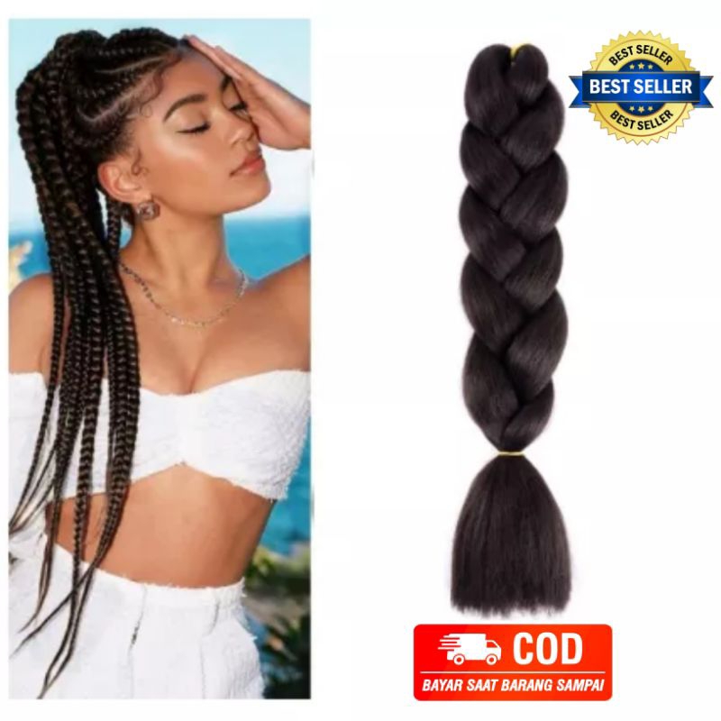 rambut sambung model kepang warna hitam polos panjang