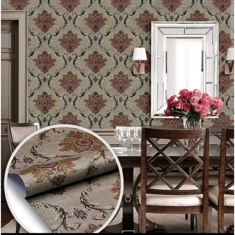 Wallpaper Stiker Dinding Batik Dasar Coklat Bunga Ungu Kekinian Modern
