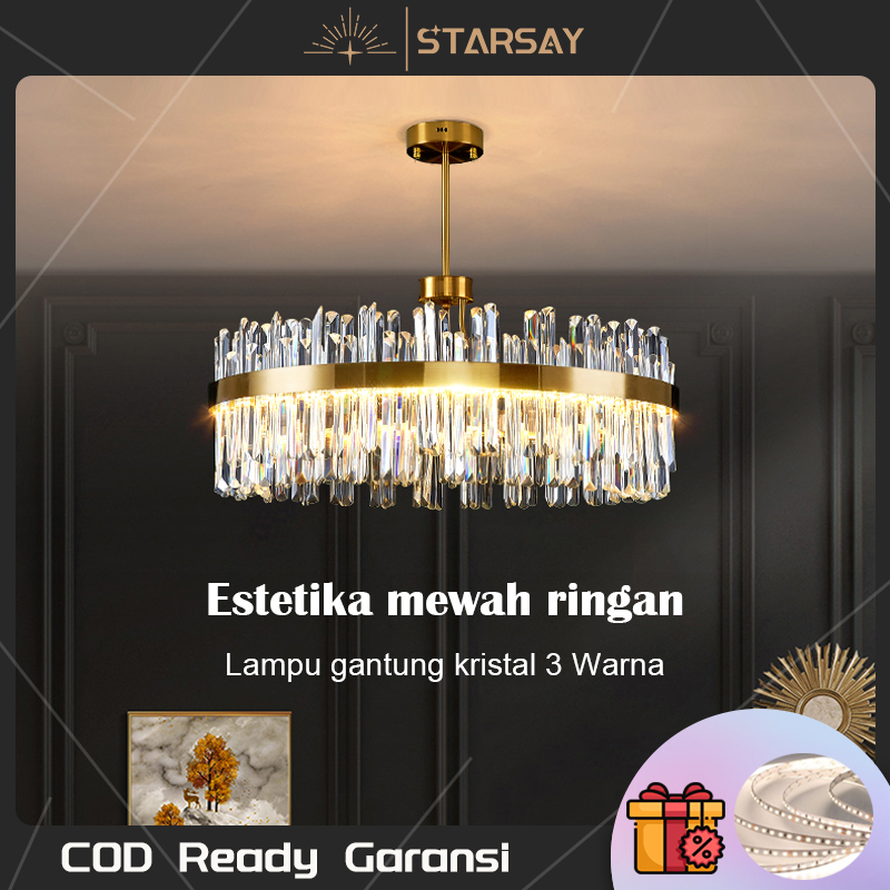 [Remote&3Warna]Lampu Gantung Kristal K9 Cahaya Mewah Strip LED Bulat Panjang D50/60/L80cm Chandelier
