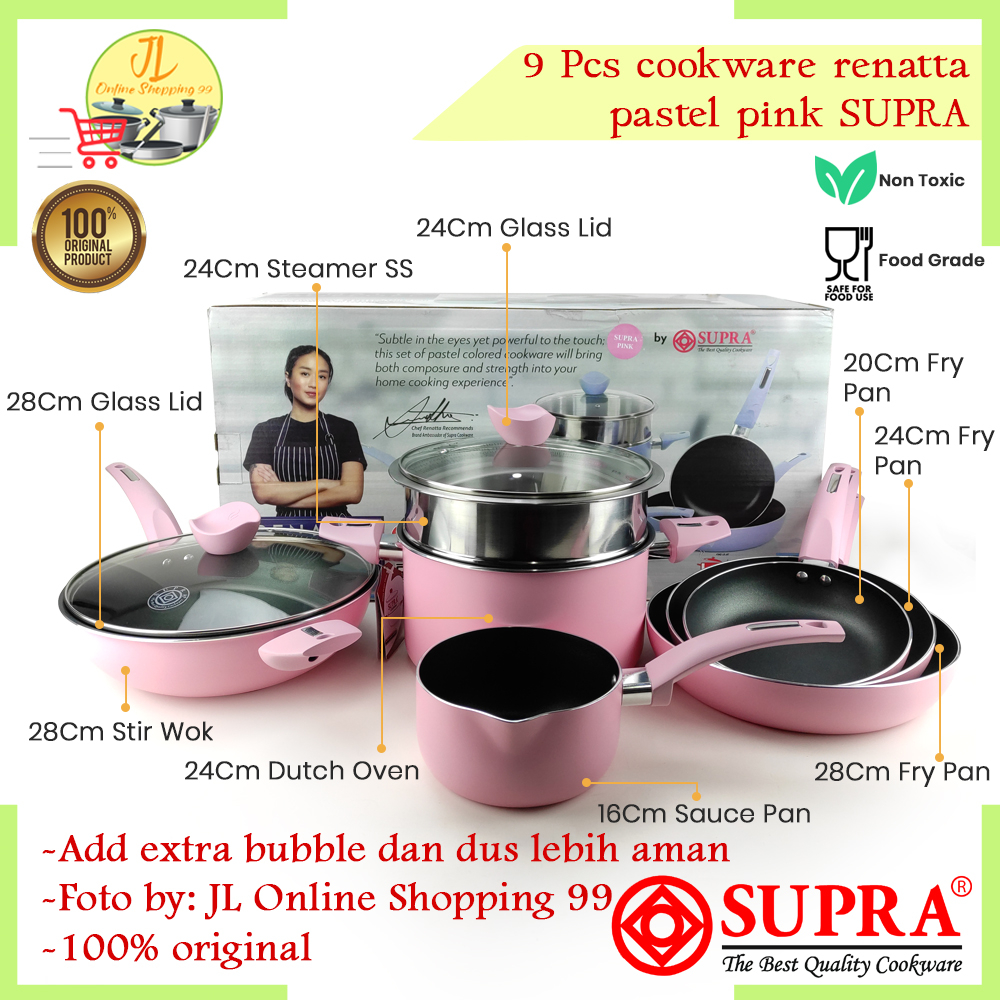 Cookware set 9pcs renatta pastel PINK SUPRA / panci penggorengan anti lengket / panci set