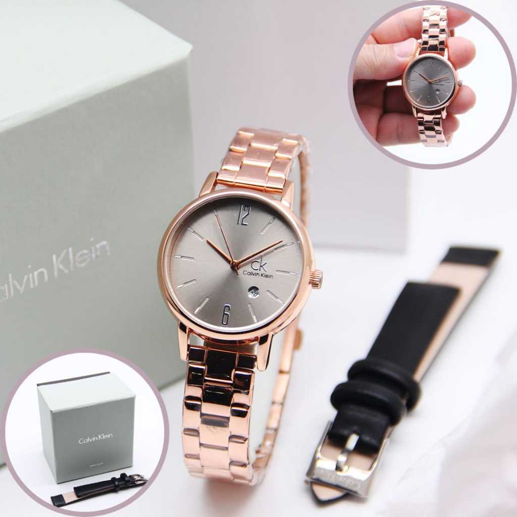 BISA COD Jam Tangan Wanita Fashion C4lv1n Kl3in Rantai Free Box + Tali Kulit AG-044599