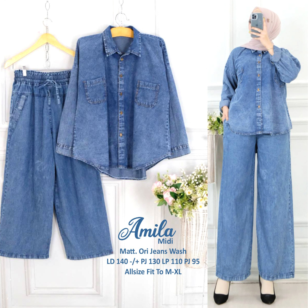 Amila One Set Jeans Baju Setelan Wanita Super Jumbo Ld 140 Oneset Kulot Kekinian Terbaru