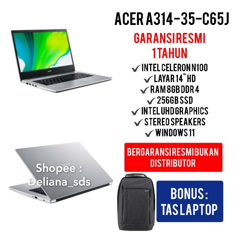 Laptop Acer A314-35-C65J Intel Celeron N100 8GB/256GB SSD Garansi Resmi 1 Tahun Laptop Acer A314 35 