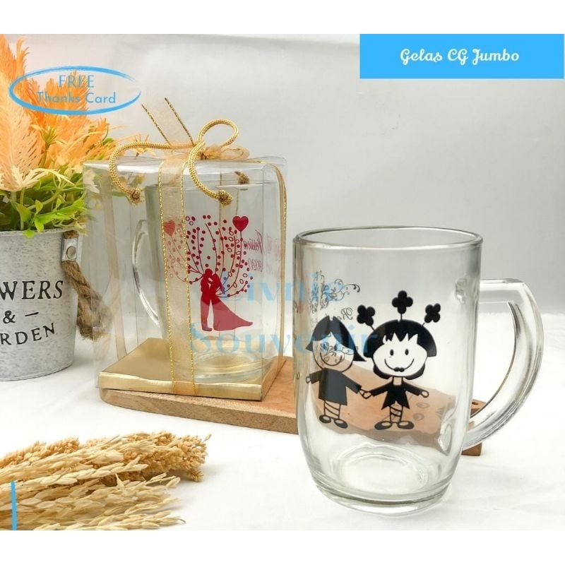 souvenir pernikahan gelas kaca sablon gelas mug gagang jumbo bening plus cetak sablon custom nama