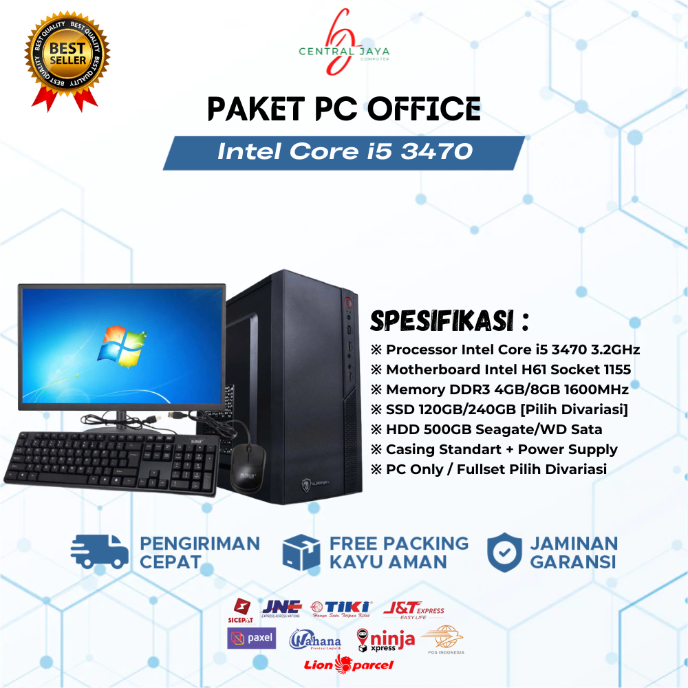 PC Rakitan fullset Office Core i5 3470 RAM 8GB SSD HDD Monitor 19 Inch
