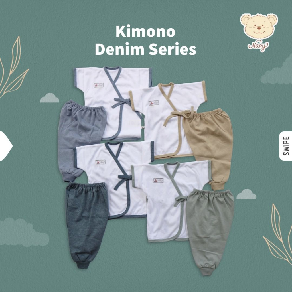 Setelan Kimono PENDEK NARY Putih Polos List Denim 3-6 bln | 100 % premium cotton