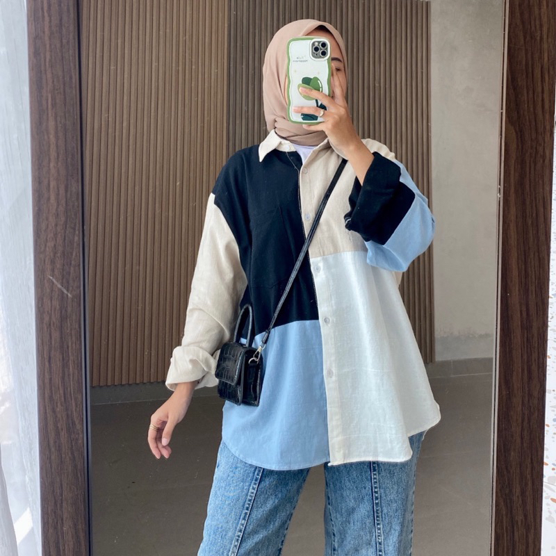 Erika Blouse Kemeja Kombinasi Oversize Linen Angel Jumbo