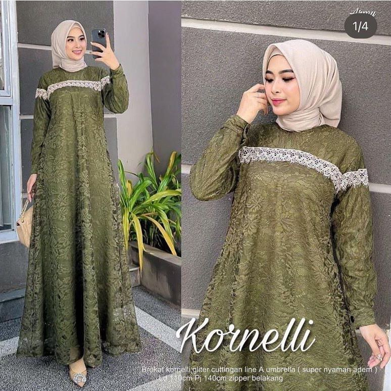 Kornelli Dress Brukat Wanita Terbaru 2023 Modern Kekinian Lebaran Gamis Kondangan Mewah Dress Pesta 