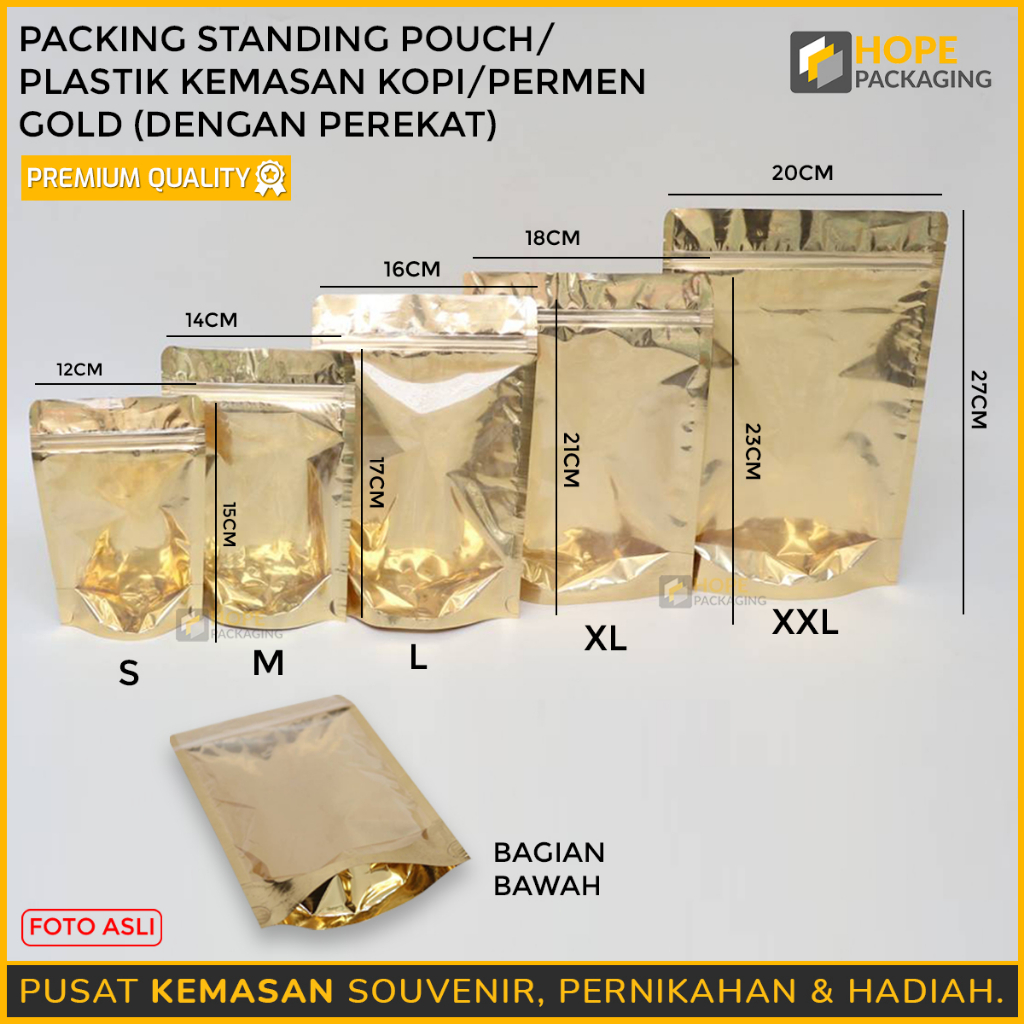 

[ 5 pcs ] Standing Pouch Gold / Plastik kemasan Kopi / Permen Gold (dengan perekat)