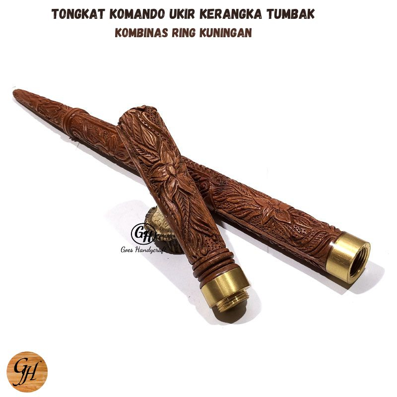Tongkat komando FUL UKIR KAYU Bertuah SETIGI Wulung Ring kuningan sarung pusaka ASLI