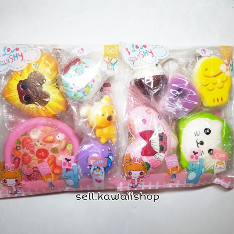 Squishy paket isi 5 mini free packaging | squishy LOL pizza donat beruang mini bun | gantungan kunci