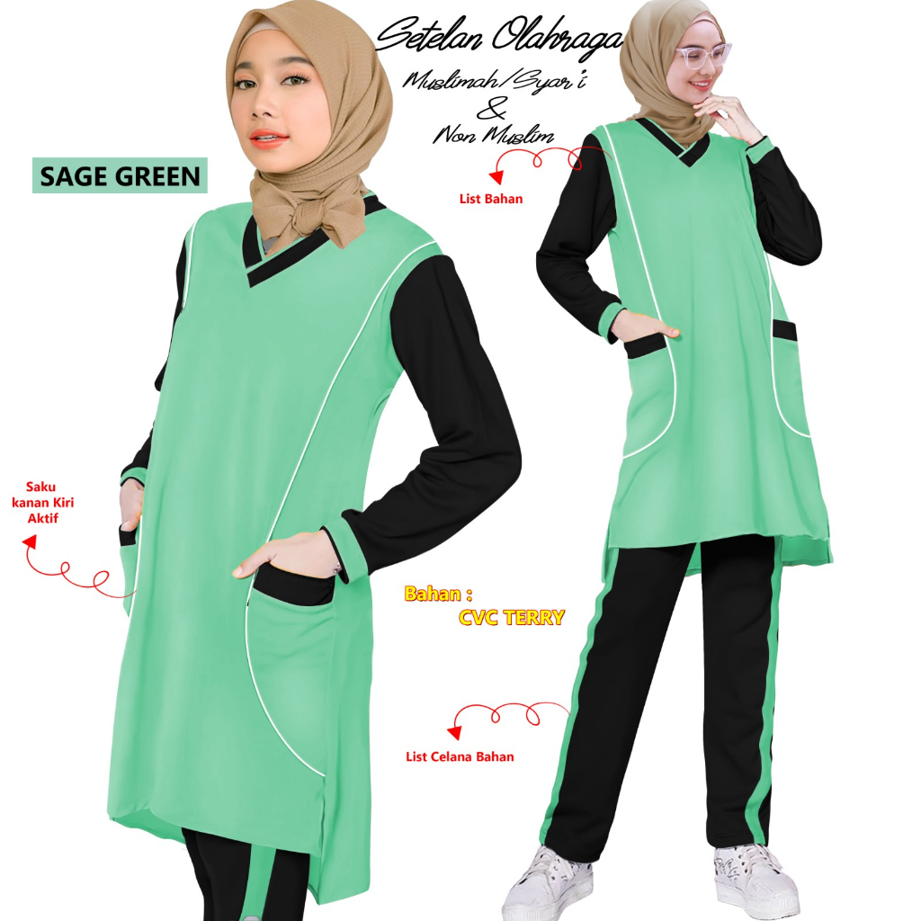 1SET STELAN BAJU SENAM MUSLIM SYAR'I MUSLIMAH SPORT OLAHRAGA JOGING YOGA TENIS SEPEDA WANITA