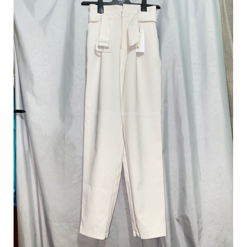 Celana belt GRL Putih broken white loose pants celana kantor pinggang karet