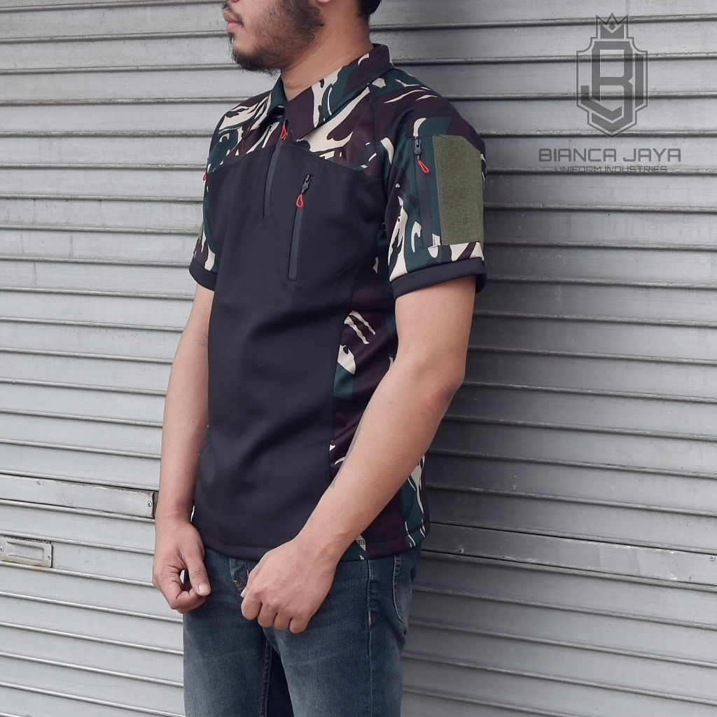 Deloxsi Kaos Polo Bdu Tactical Scuba Lengan Pendek Kombinasi Hitam Loreng Malvinas Zipper Waterproof