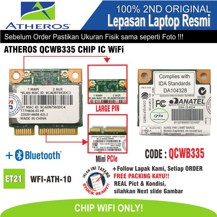 ET21 WFI-ATH-10 Internal WiFi Card WiFi Chip Laptop Notebook Netbook  ATHEROS QCWB335 WIRELESS CHIP 