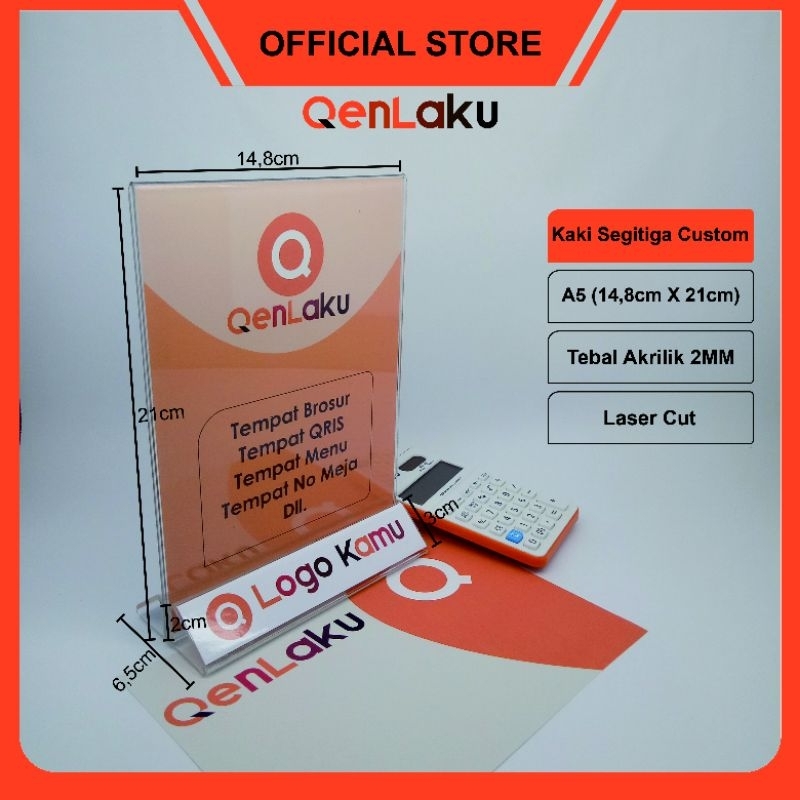 

Acrylic Standing A5 Custom Logo Kaki Segitiga Potrait/ Tempat QRIS/ Brosur/ Menu