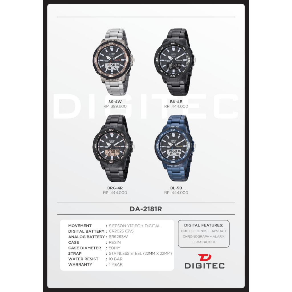 Jam Tangan Digitec 2181 Rantai Dualltime Original Waterresistant