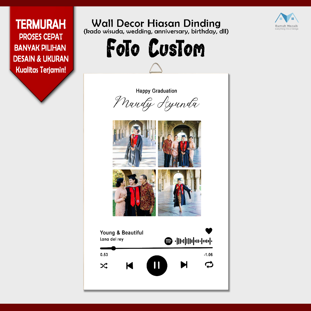 cetak foto papan mdf Kado wisuda, pernikahan, ulang tahun, anniversary foto spotify simpel elegan de