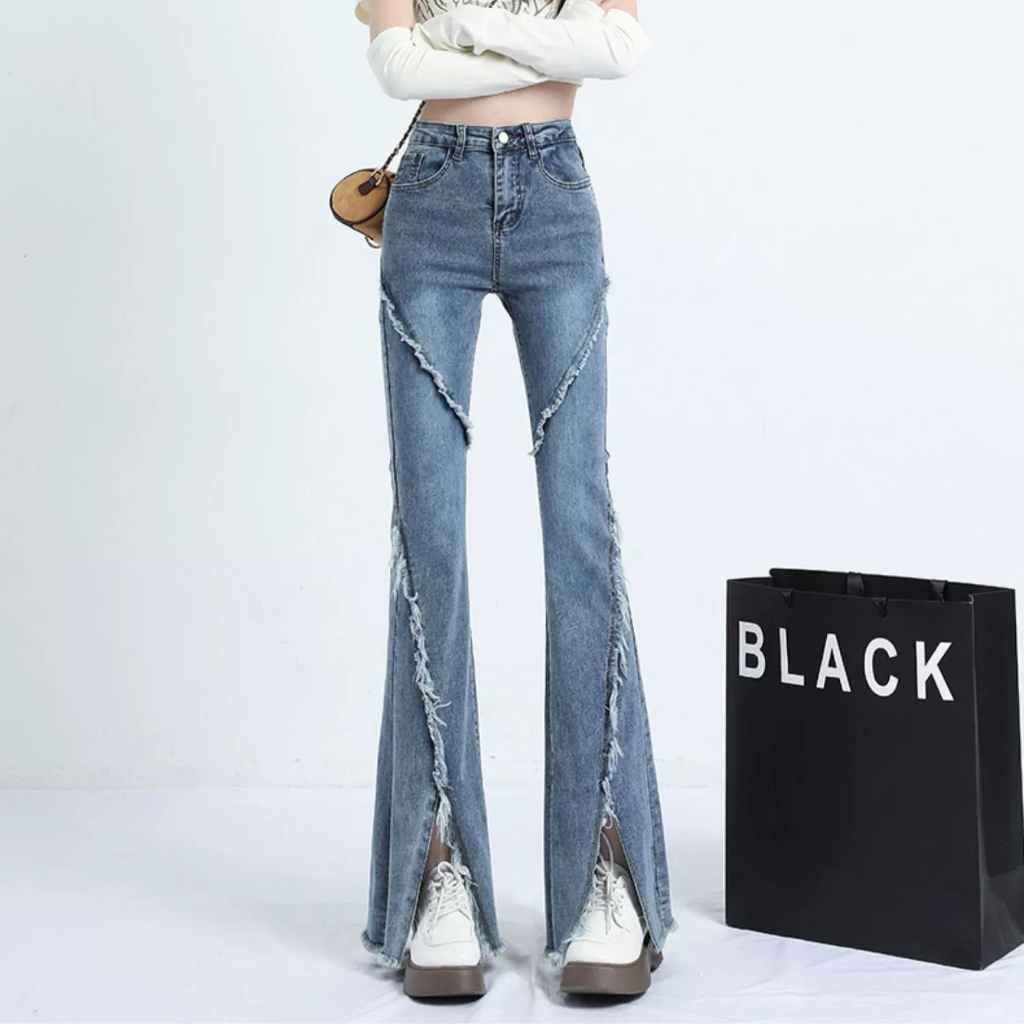 Celana Jeans Pinggang Tinggi Wanita Gaya Korea Celana Denim Berkobar Coklat Jeans Berkobar Coklat