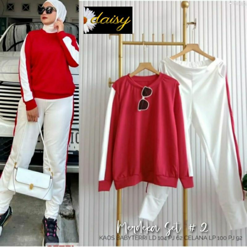 set baju olahraga wanita merdeka merah putih bahan kaos babyteri tebal