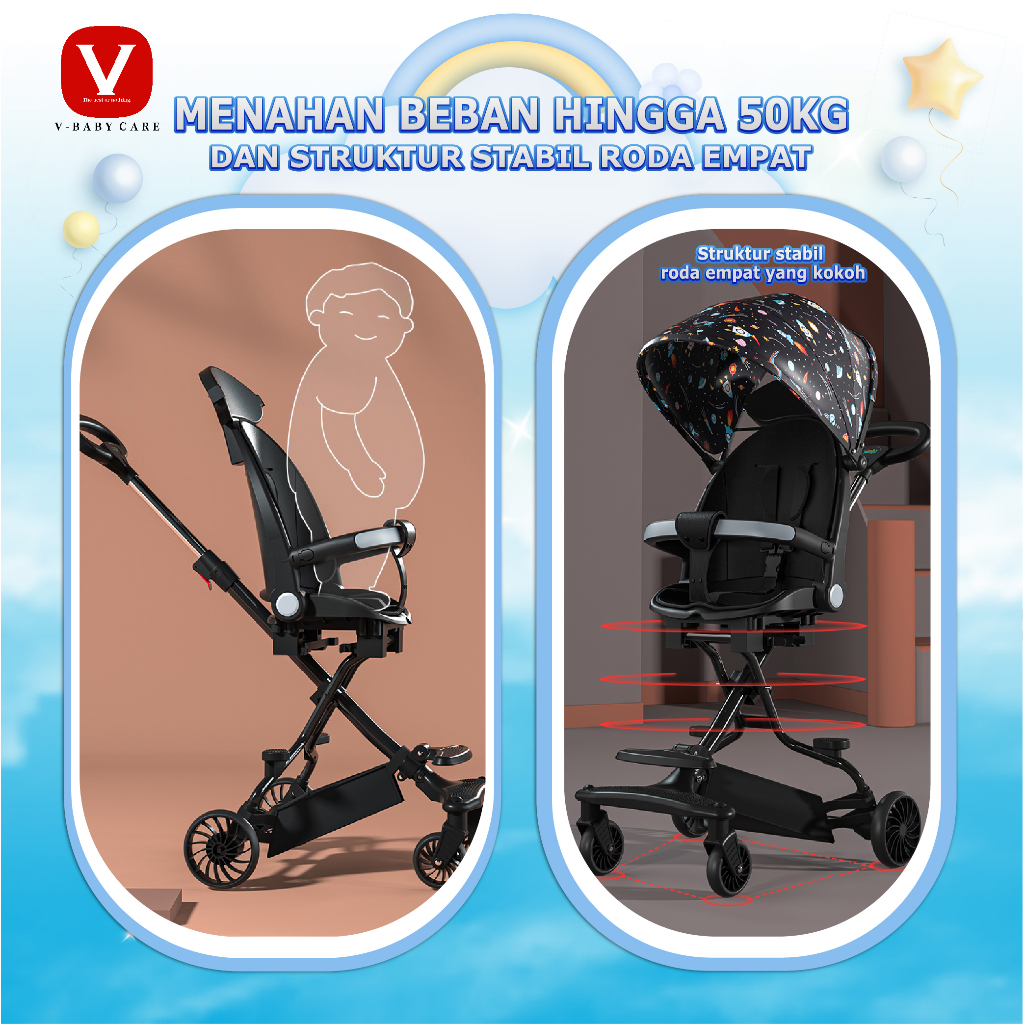 VBABY CARE Kereta Dorong bayi /kursi dorong multifungsi /Berbaring Dua Arah, Dilipat VBABY-320