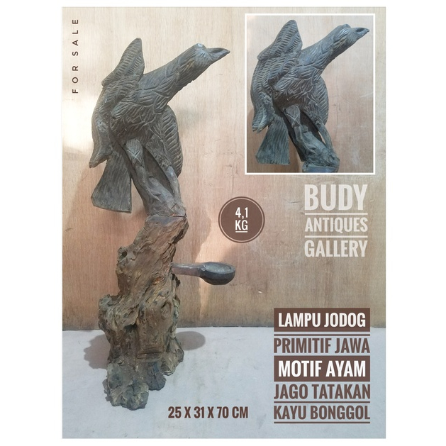 Lampu Jodog Primitif Jawa Motif Ayam Jago Tatakan Kayu Bonggol Erosi