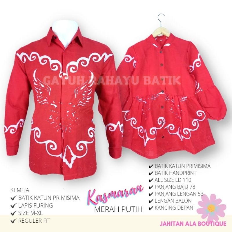 KASMARAN MERAH PUTIH - Atasan Batik Modern, Batik Agustusan, Blouse Batik Casual, Batik Sarimbit,  A