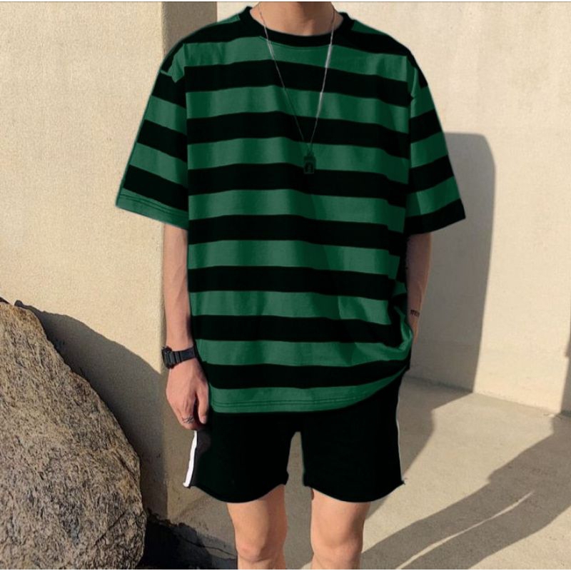 Kaos Salur garis garis Stripe Pria Kaos Baju kaos Distro Baju kaos Terlaris-HIJAU BOTOL
