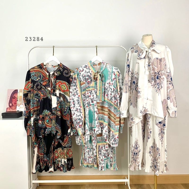 23284 One Set Women Fashion Celana Plisket Kriwil/ Atasan Kemeja Kerah Tali Pita Dasi/ Set Pleads Ke