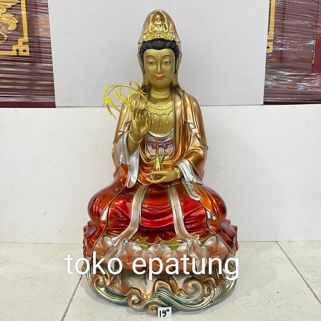 patung dewi kwan im / kwan in / guan yin - emas - 19 inch - fiber
