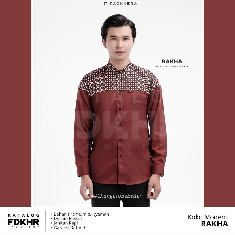 BAJU KOKO FADKHERA RAKHA KEMEJA BATIK PRIA RED BLOOD MOTIF KAWUNG