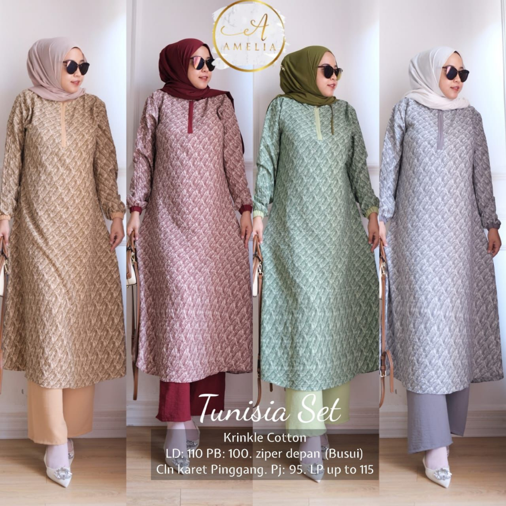 TUNISIA SET ORIGINAL BY AMELIA SETELAN BAJU WANITA LONG TUNIK MOTIF DAN CELANA PANJANG ONESET JUMBO 